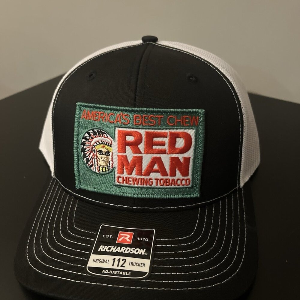 Red Man Chewing Tobacco Richardson 112 Snapback Trucker Hat Black/White